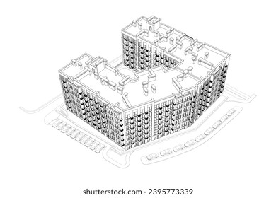 Proyecto arquitectónico vectorial de un edificio de varias plantas, vista aérea