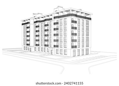 Vector architectural project of a multistory building, aerial view	
