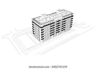 Vector architectural project of a multistory building, aerial view	
