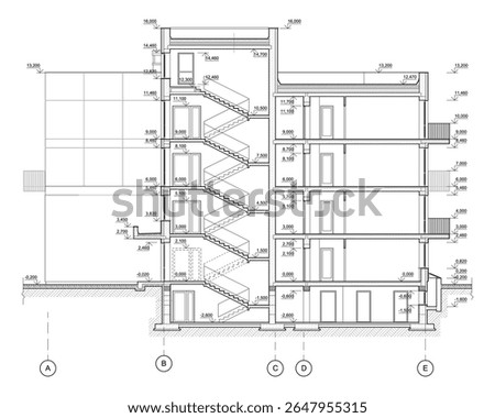Vector architectural project of a multistory building cross section