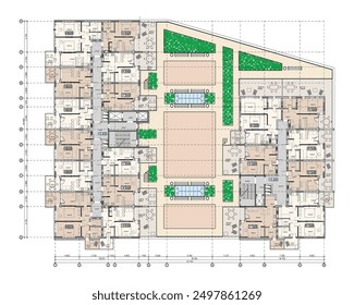 Vector proyecto arquitectónico de un edificio de varias plantas Planes de planta y espacio público entre ellos	
