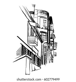 Vector architectural sketch of black ink and pencil on white paper. Plein Air, cityscape.  Perspective streets, houses in poor neighborhoods. Lights, poles, wires. Russia
