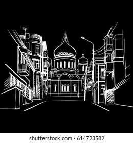 Vector architectural sketch of black ink and pencil on white paper. Plein Air, cityscape. Black lines on the white background. Perspective view of the street, the Russian Orthodox church. Christian 