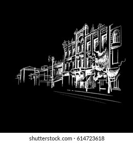 Vector architectural sketch of black ink and pencil on white paper. Plein Air, cityscape, modern European architecture. Detailed drawing. White background