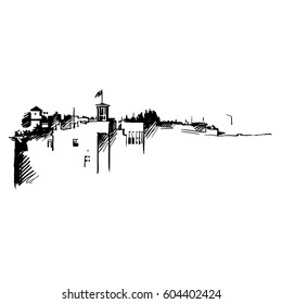 Vector architectural sketch. Plein Air, cityscape. Black lines on the white background. Perspective streets. Ships and boats Ships sailing on the river Don. Embankment