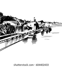 Vector architectural sketch. Plein Air, cityscape. Black lines on the white background. Perspective streets. Ships and boats Ships sailing on the river Don. Embankmen
