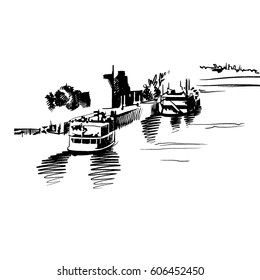Vector architectural sketch. Plein Air, cityscape. Black lines on the white background. Perspective streets. Ships and boats Ships sailing on the river Don. Embankment