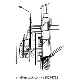 Vector architectural sketch. Plein Air, cityscape. Black lines on the white background. Perspective streets, houses in poor neighborhoods