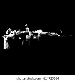 Vector architectural sketch. Plein Air, cityscape. Black lines on the white background. Perspective streets. Ships and boats Ships sailing on the river. Embankment