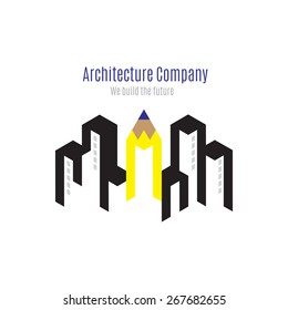 Vector : Architecture company logo with building and yellow pencil on white background , Logo concept