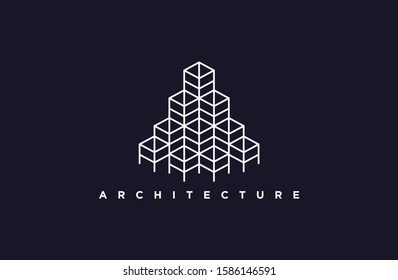 Vector Architecture construction company brand design template. Building and architect bureau insignia, Brand logo illustration isolated on black background. White stroke, linear art.