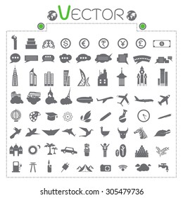 Vector architecture, currency, travel, animal, weather icons