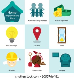 Vector architecture detailed icon set. Infographic Home Improvement Plans. Home icon with plant hummer and money. Flat style, illustration.
