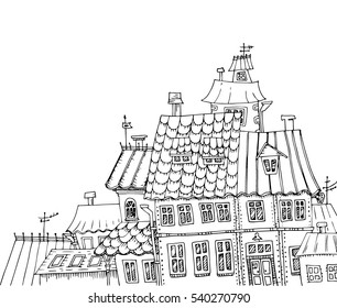 Vector architecture illustration set. Decorative vector elements isolated. Hand drawn. Prints for t-shirts and other textiles. Coloring book for adults
