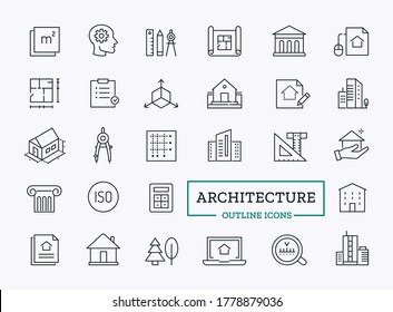 Vector architecture and real estate thin line icons. Abstract symbols of planning, constructing and designing buildings. Similar line