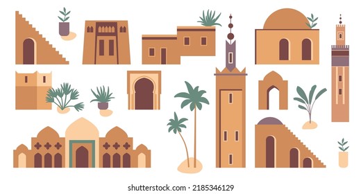 Vector architecture set. Morocco inspired flat illustration with mosque, tower, house, plants, palm trees. Graphic ollection of earthy colored buildings clip art. Abstract travel design template