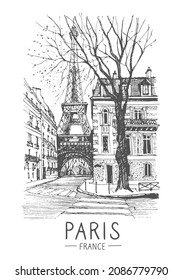 Skizze für Vektorarchitektur, Grafik Schwarz-Weiß-Illustration, Städtische Landschaft Schwarz-Weiß-Grafik Paris, Liner-Skizzen-Architektur Paris, Reiseskizze des Eiffelturms