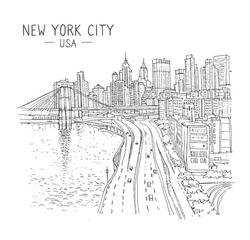 Vector Architecture Sketch Illustration. Travel Sketch Of New York, USA. Liner Sketches View Of Brooklyn Bridge And Street In New York. Freehand Drawing. Sketchy Line Art Drawing With A Pen On Paper.