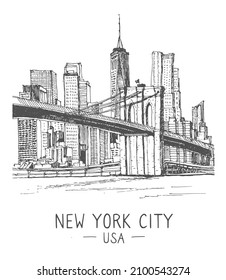 Vector architecture sketch illustration. Travel sketch of New York, USA. Liner sketches architecture of Brooklyn bridge. Freehand drawing. Sketchy line art drawing with a pen on paper.