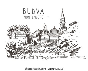 Vector architecture sketch illustration. Travel sketch of Budva, Montenegro. Liner sketches architecture of Montenegro. Freehand drawing. Sketchy line art drawing. Isolated on white background.