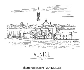 Vector Architecture sketch illustration. Travel sketch of San Marco square and Lido island in Italy, Venice, Europe. Liner sketches architecture of Venice. Sketch in black color on white background.