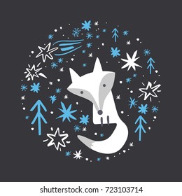 Vector arctic fox illustration, pattern. Poster, postcard, print, sticker, label and other.