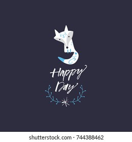 Vector arctic fox and inscription "Happy day". Poster, label, postcard, sticker, print, elements for design and other.