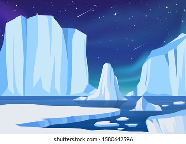 Vector Arctic ice landscape with iceberg, aurora borealis, light, sea, night sky, hills and snow mountains. Polar night illustration. Greenland, Arctic or Antarctic concept. Glacier arctic landscape