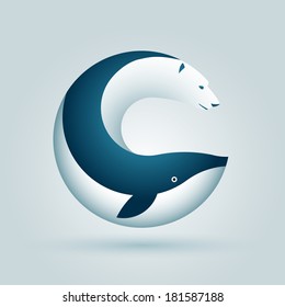 Vector arctic symbol design. Polar bear and whale in circle.