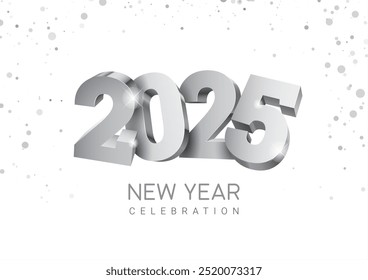 Vector argent text Design 2025. Silver 3d funny numbers. New year 2024 celebrations template greeting card or poster isolated on a white background