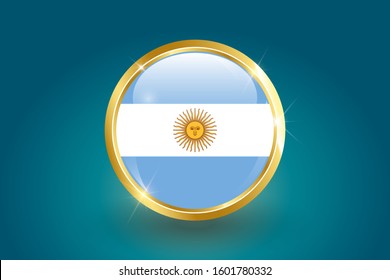 Vector Argentina flag in the form of a circle, can be used for independence day or other events. Argentina icon gold glossy badge button with Argentina flag and shadow on light background.
