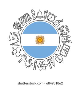 Vector Argentina school background, with black linear icons on white. Education pattern with modern line style icons and Argentina flag.