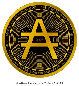 Vector of Argentine austral Digital Currency in gold and black colors on a white background.
