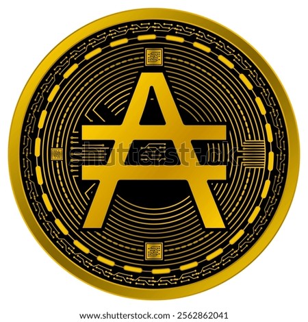 Vector of Argentine austral Digital Currency in gold and black colors on a white background.