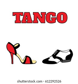 Vector argentine tango dancing shoes poster. Men's shoe in black and white, 20s style; women's shoe high heel, red and black; with word tango. Poster, postcard, milonga invitation. 