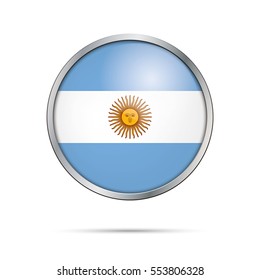 Vector Argentinian flag button. Argentina flag glass button style with metal frame.