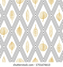 Vector Argyle Seamless Pattern with Golden Palm Tree Leaves. Geometric Ornament of Rhombuses and Hand Drawn Doodle Tropical Leaf Sketch Drawing. Summer Floral  Background. Tropical Plants Wallpaper