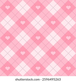 Vector argyle seamless pattern in pastel pink colours with hearts. Valentine's Day editable background.