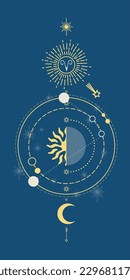 Vector  Aries horoscope sign. Horoscope and astrology line symbols on dark background, zodiac celestial design elements.