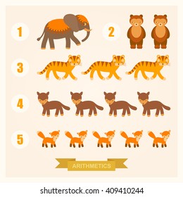 vector arithmetic illustrations for children with images of an elephant, bear, tiger, dog and fox