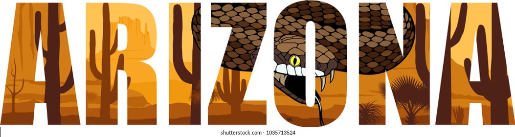 vector Arizona - American state word with  rattlesnake in desert