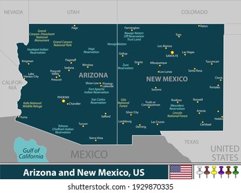 Vector of Arizona and New Mexico states of United States with large cities