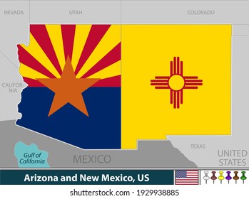 Vector of Arizona and New Mexico states of United States with their flags inside borders.