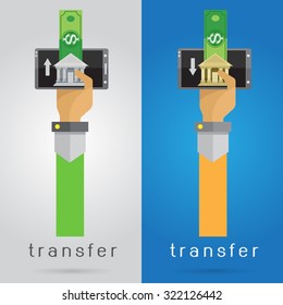 vector arm and hand mobile phone money transfer Quick convenient banking