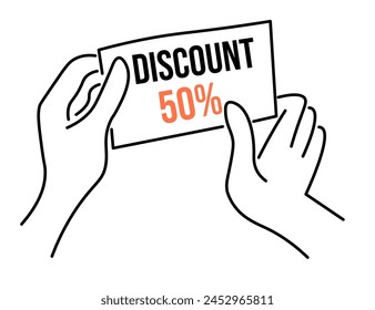 vector arm illustration in linear style of coupon ticket voucher for discount or gift.