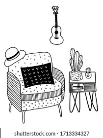 vector armchair with pillow and hat near the bedside table with two cacti and ukulele