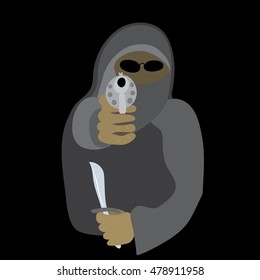 vector armed with a knife and a gun thug in a mask on a black background / dangerous frightening threat