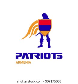 Vector Armenia Flag Patriots Soldier Logo. Mascot Character Design. Memorial Day Army man with Shield. Vector Freedom Leader Logo illustration