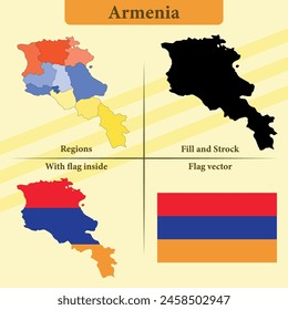 Vector Armenia map vector states and lines and full with vector flag and flag map