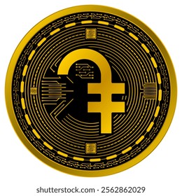 Vector of Armenian dram Digital Currency in gold and black colors on a white background.